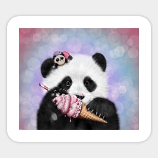 Panda with pink ice-cream and macarons Sticker